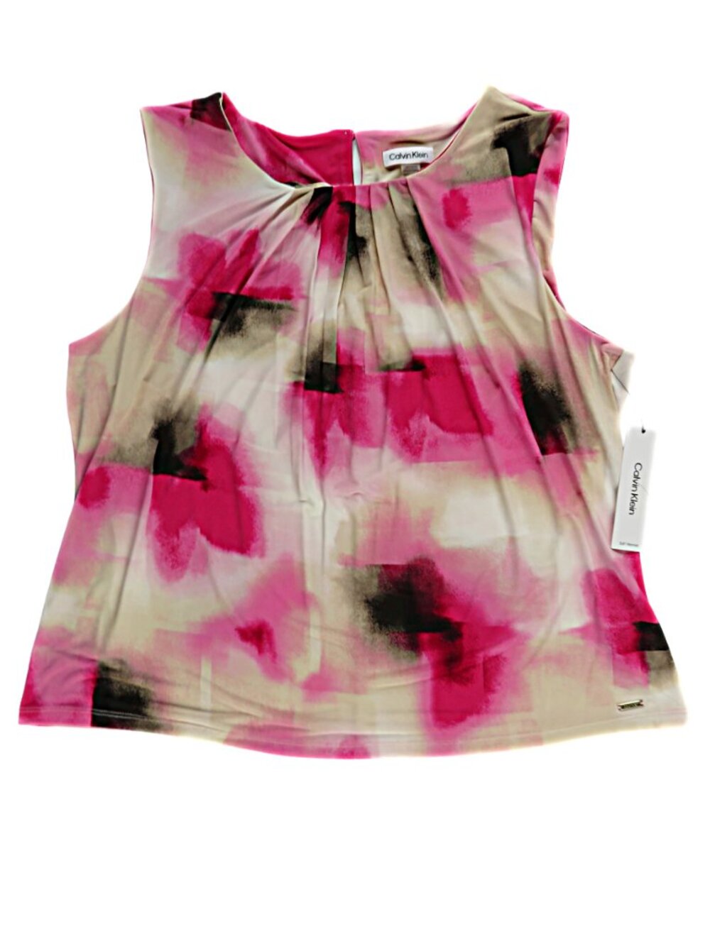 Calvin Klein NWT 2X Pink Abstract Floral Pleated Neck Sleeveless Blouse Tank Top